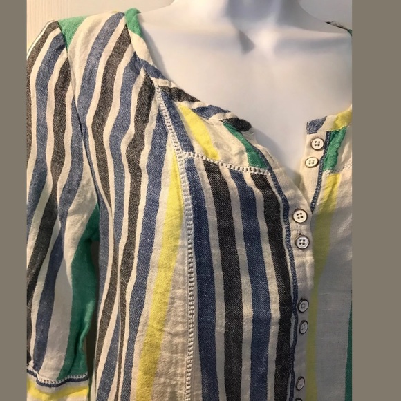 Anthro MERMAID Striped Linen Blouse Popover Peasant Top Shirt Blue Green Yellow - Picture 4 of 7
